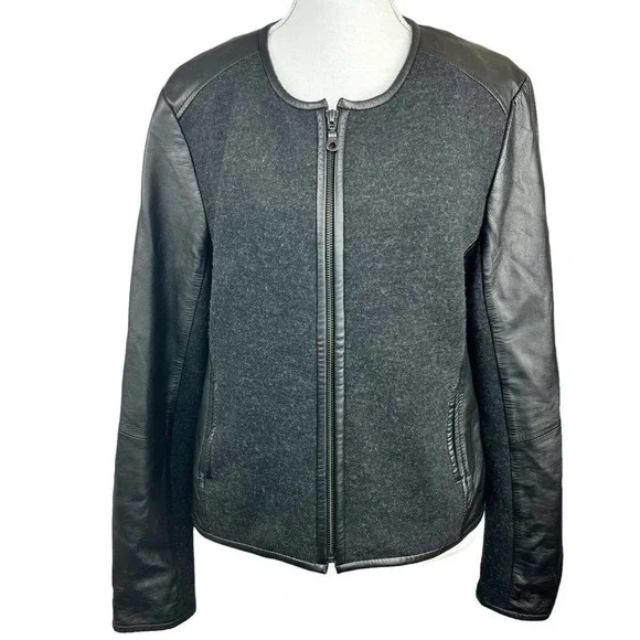 Eileen Fisher Black Leather Wool Zip Up Jacket Size M Moto